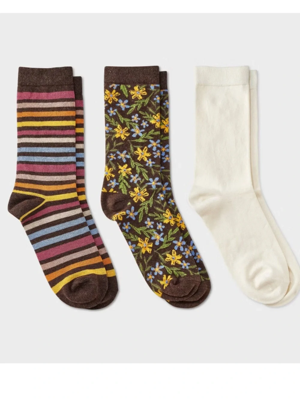 a new day Women's 3-Pack Crew Socks in Brown, Cream and Multicolor